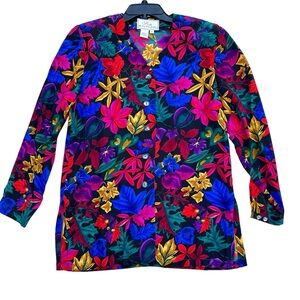 Bright Floral Leaf Print Button Front Silk Blouse, Women’s Size Small, Hawaiian